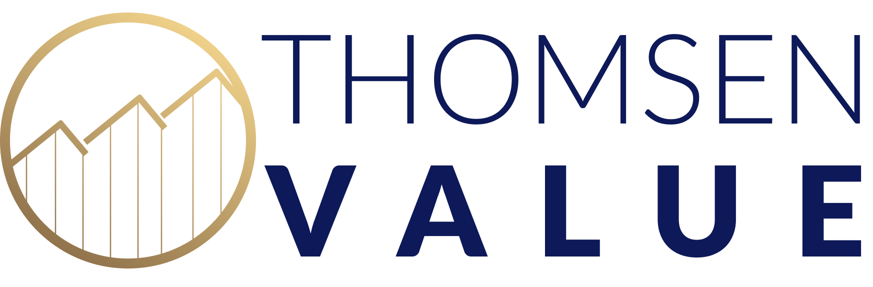Thomsen Value Logo mit blauer Schrift und goldenem Logo auf transparentem Hintergrund